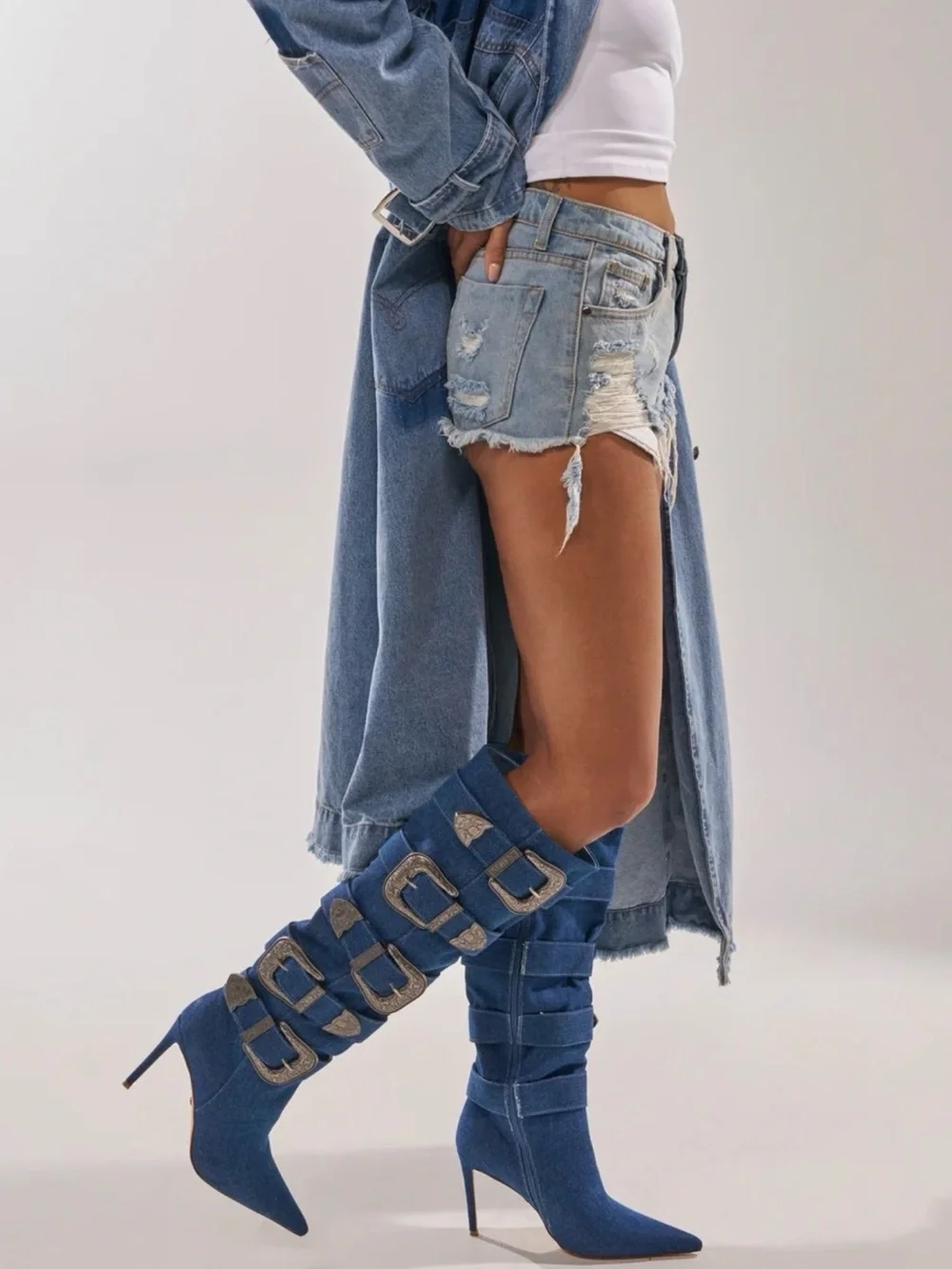 AKIRA Denim Blue Over-the-Knee Buckle Stiletto Boots